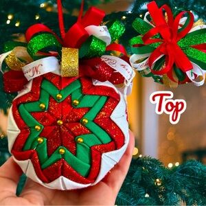 Christmas Tree Ornament, Quilted Bauble, Holiday Handmade Gift, Red,Gold, Green